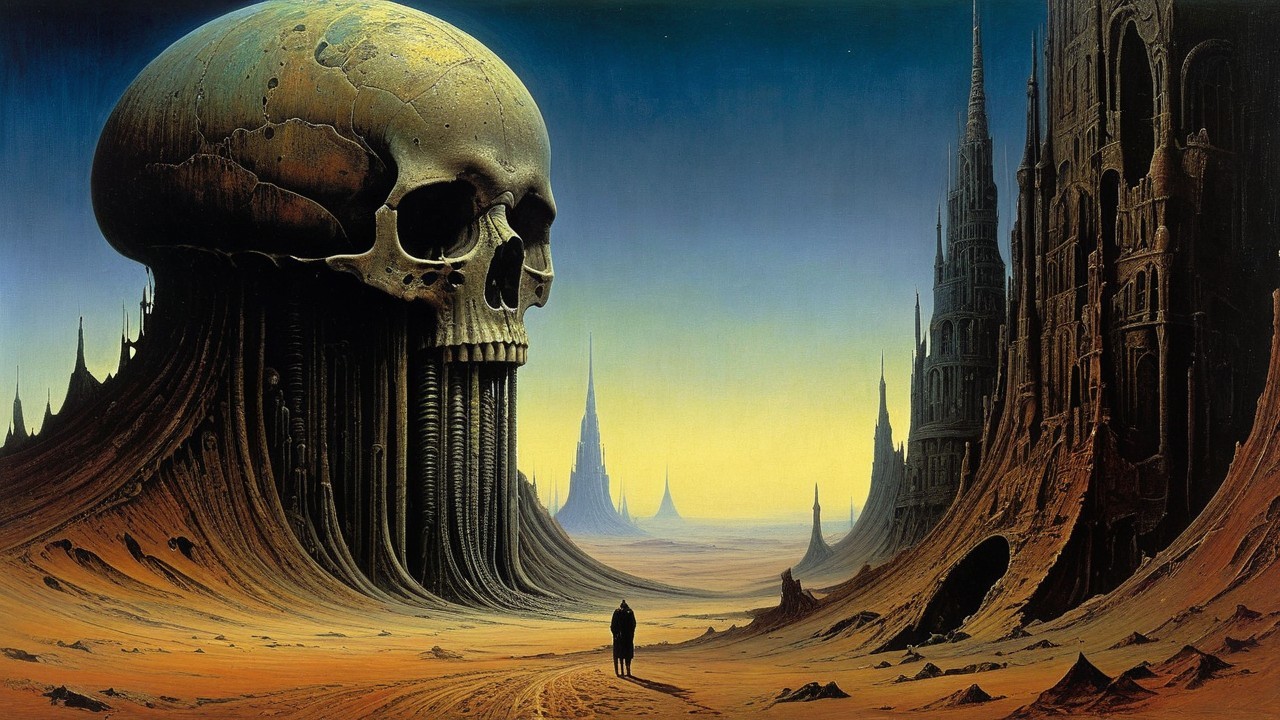 Surreal Landscape with Massive Skull Structure and Spires