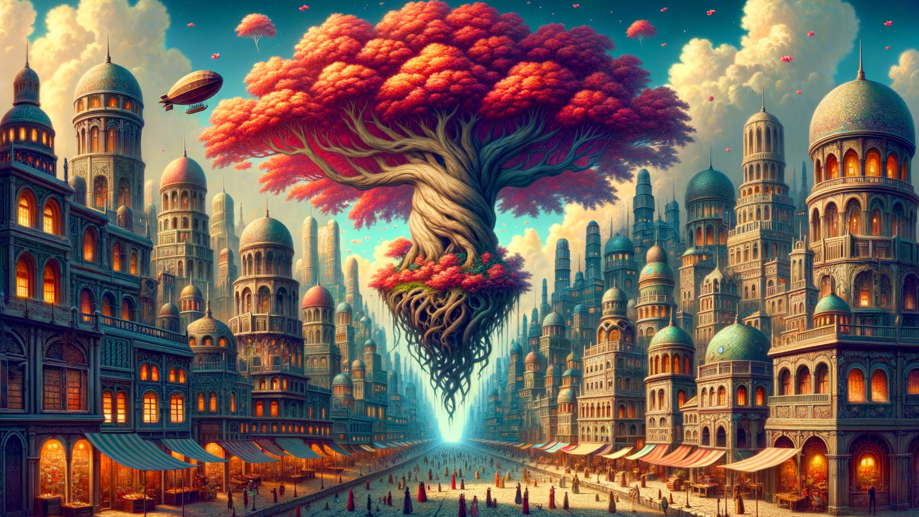 Fantastical Cityscape with Towering Buildings and Tree