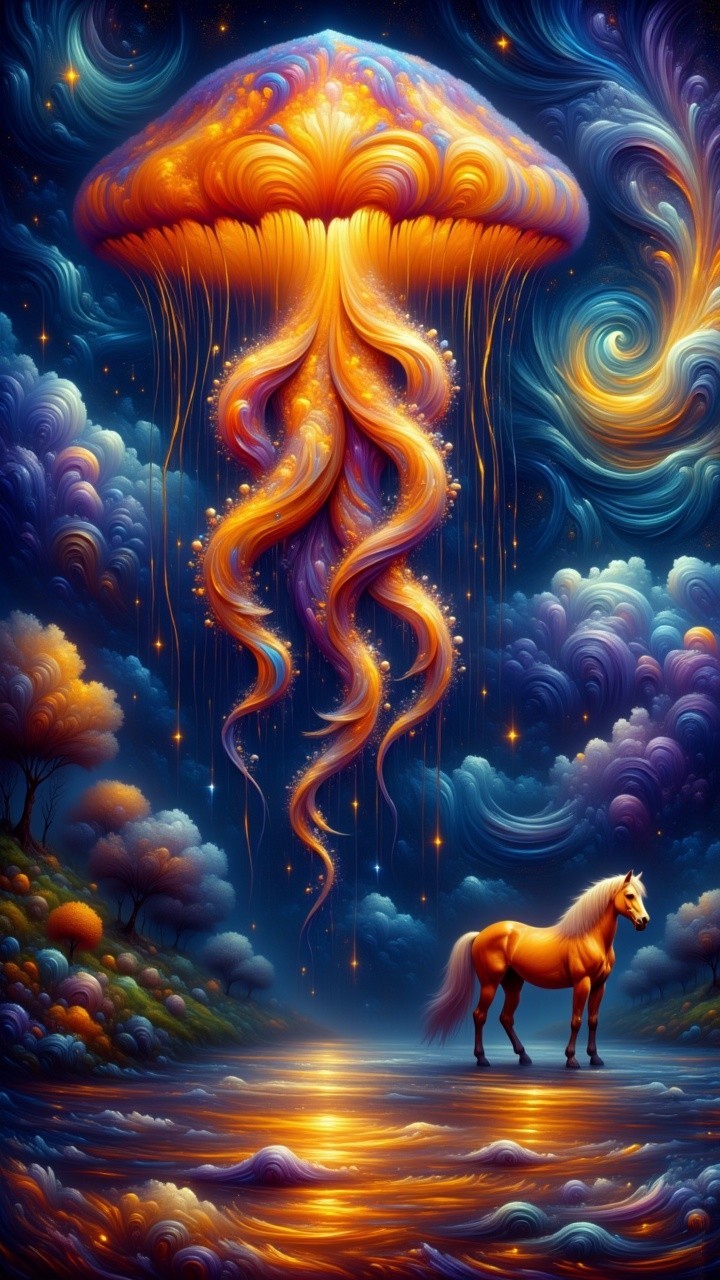 Vibrant Cosmic Scene with Jellyfish and Majestic Horse