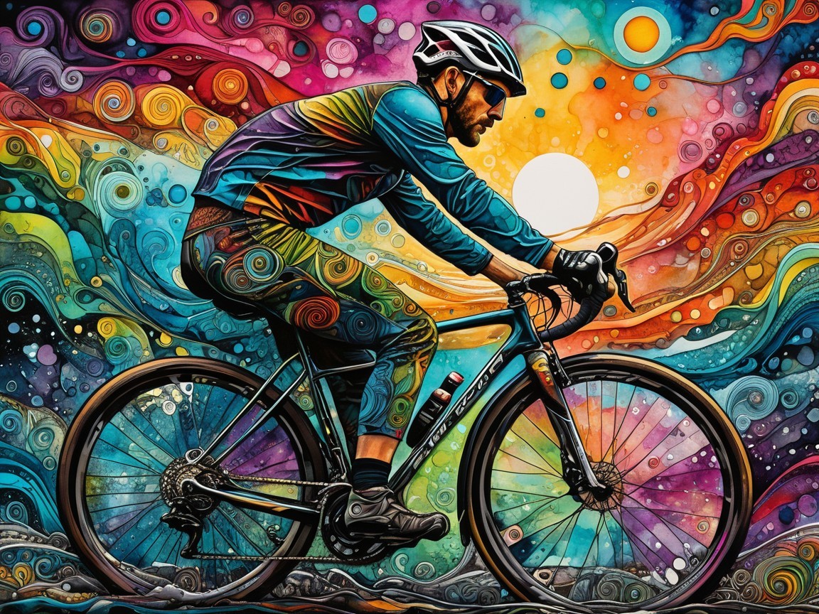 Colorful Illustration of Cyclist in Abstract Landscape