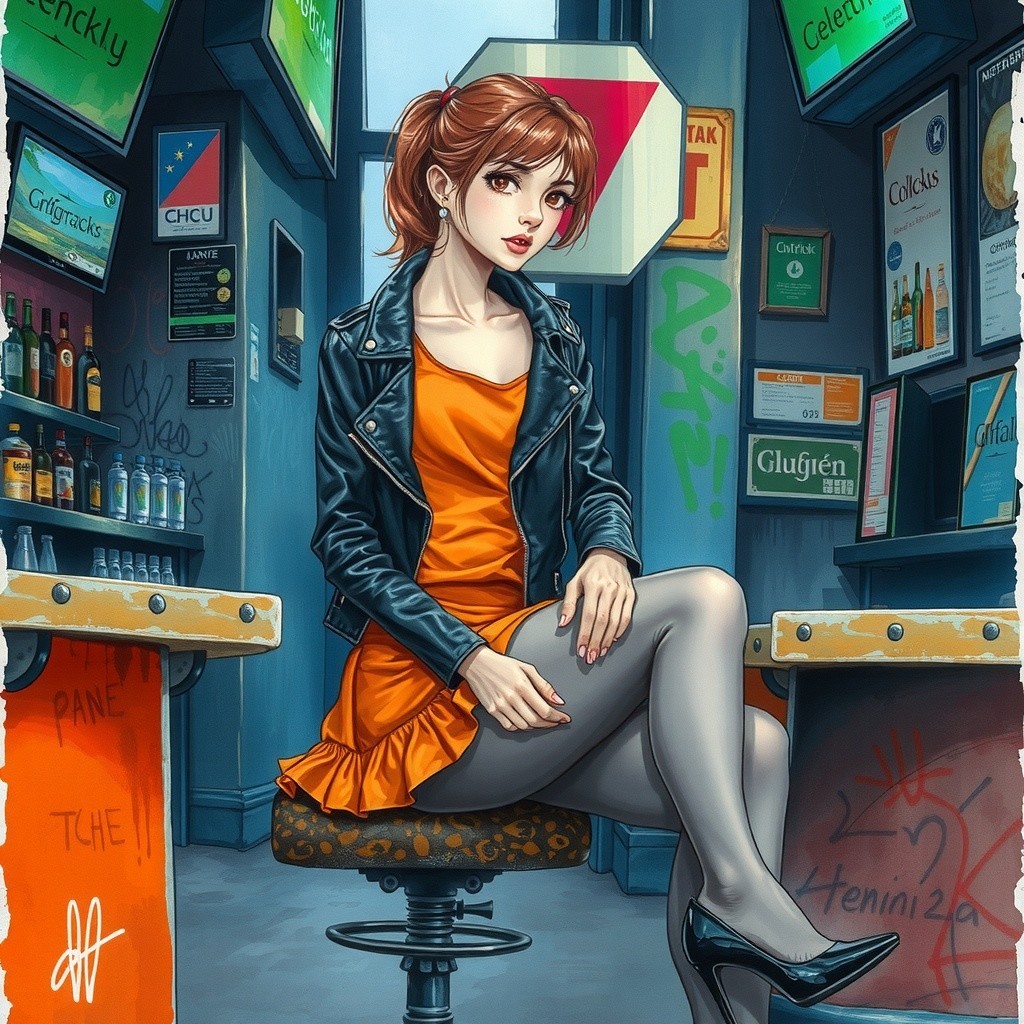 Stylized Female Character at Urban Bar Counter