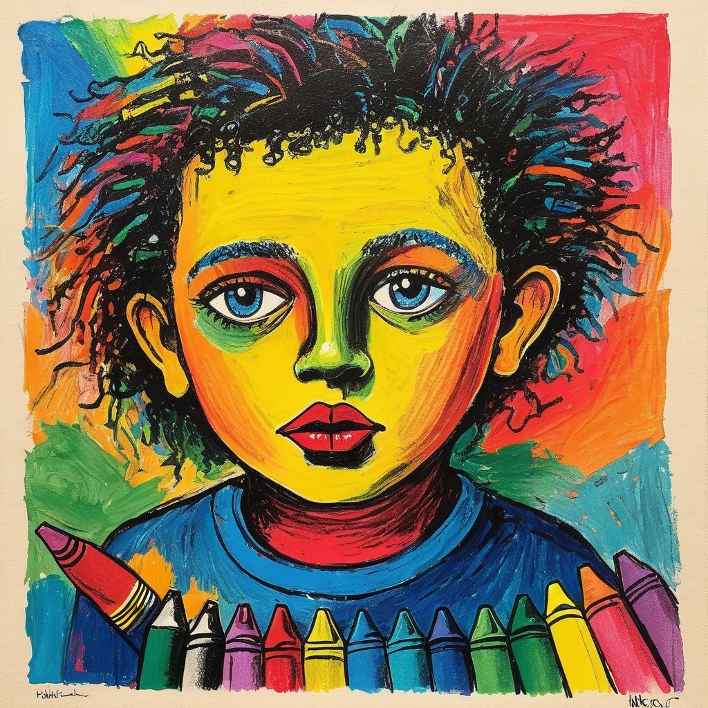 Vibrant Artwork of Child with Blue Eyes and Crayons