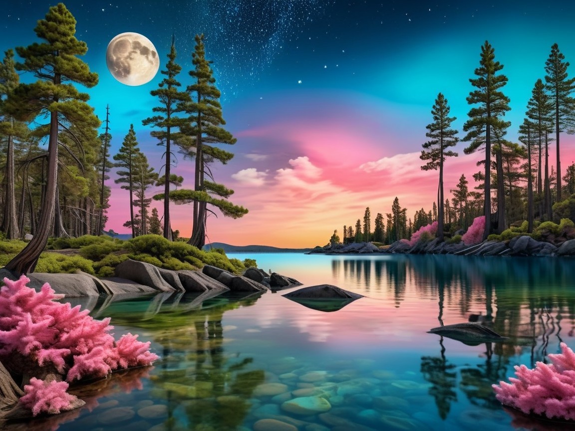 Twilight Lakeside Scene with Moonlit Reflections