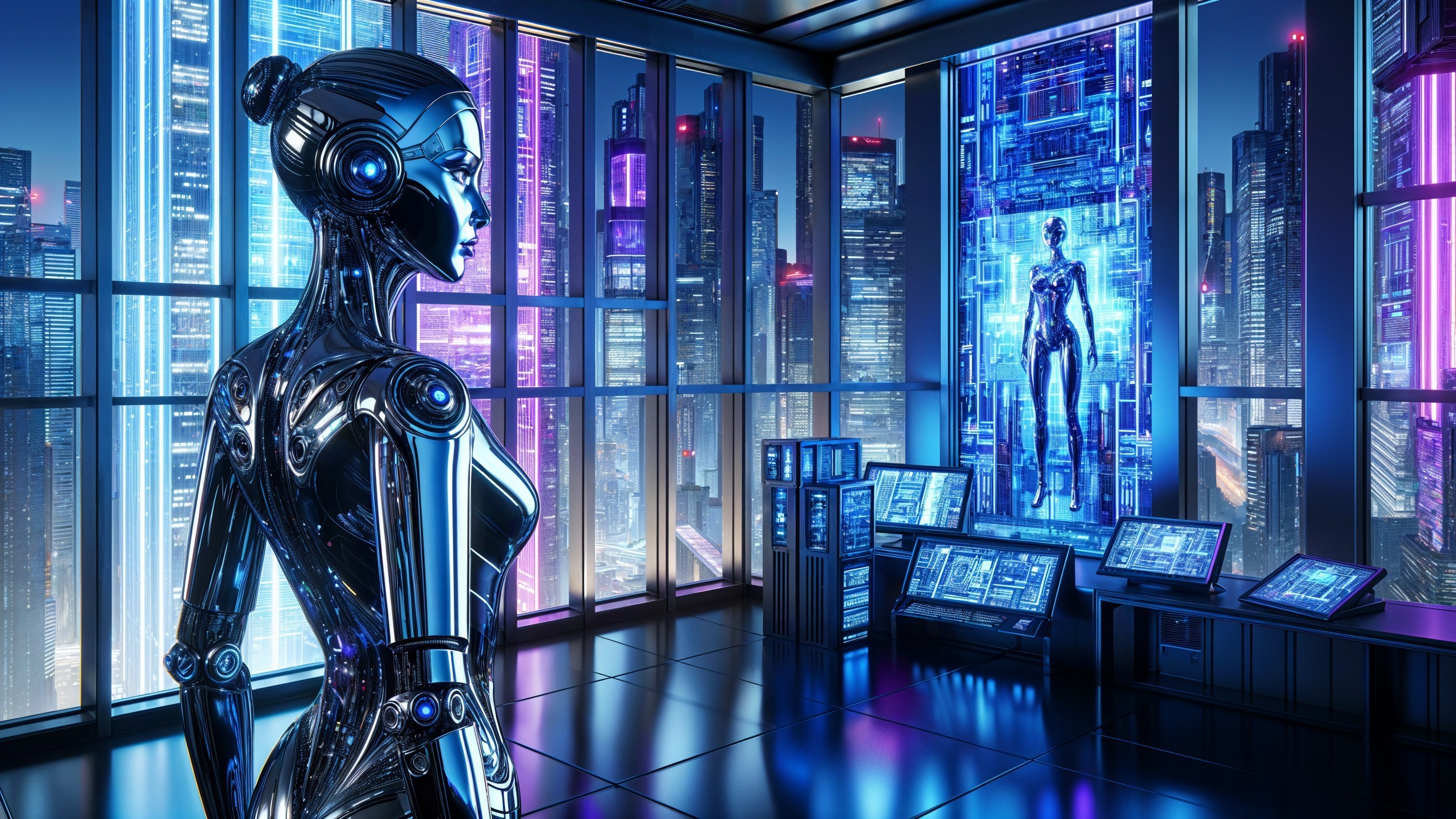 Futuristic Robot in High-Tech Cityscape Setting