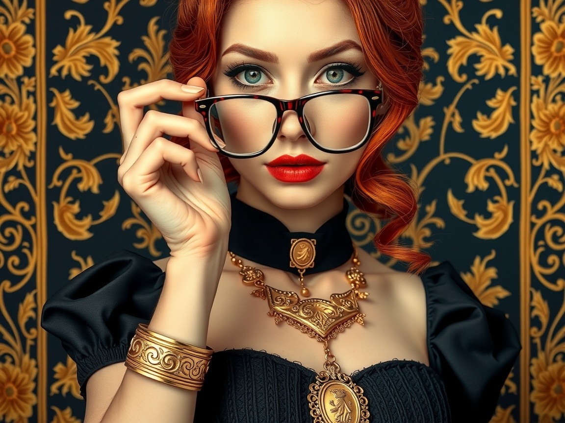 Striking Woman with Red Hair and Floral Backdrop