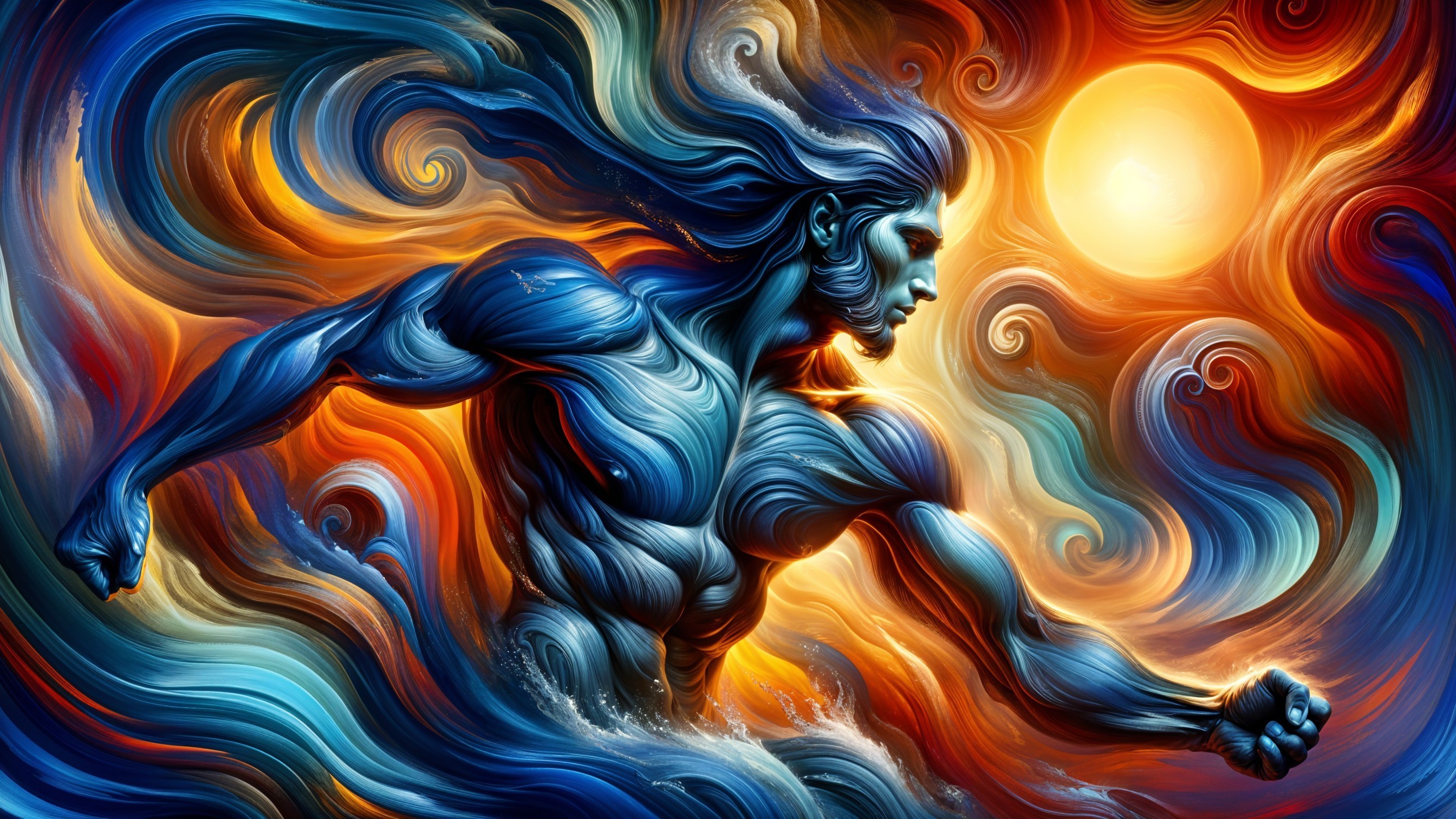Muscular Man in Blue and Teal Swirls Against Dynamic Background