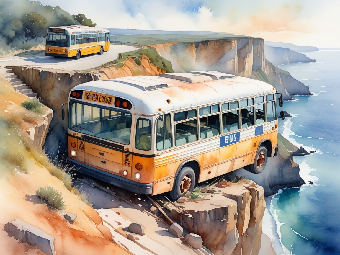 Vintage Buses on Coastal Cliff with Ocean View