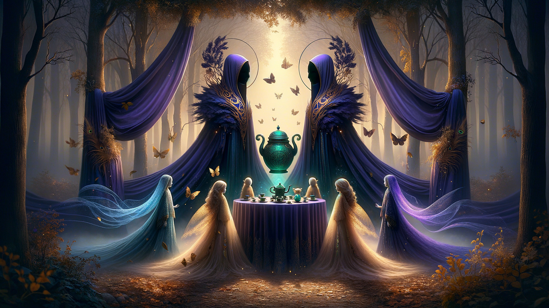 Magical Tea Party in a Dark Fantasy Forest Setting