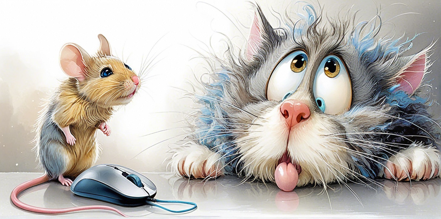 Whimsical Cartoon Mouse and Cat Interaction Illustration