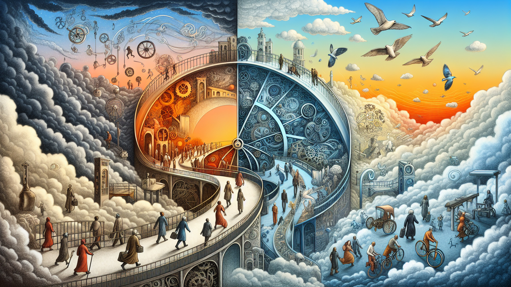 Surreal Landscape Illustrating Time and Progress Themes