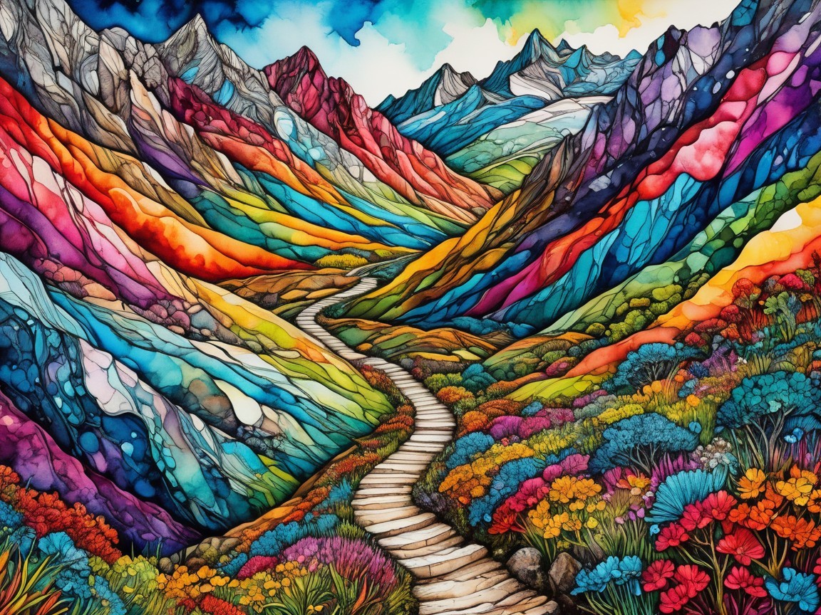 Vibrant Landscape with Colorful Mountains and Flowers