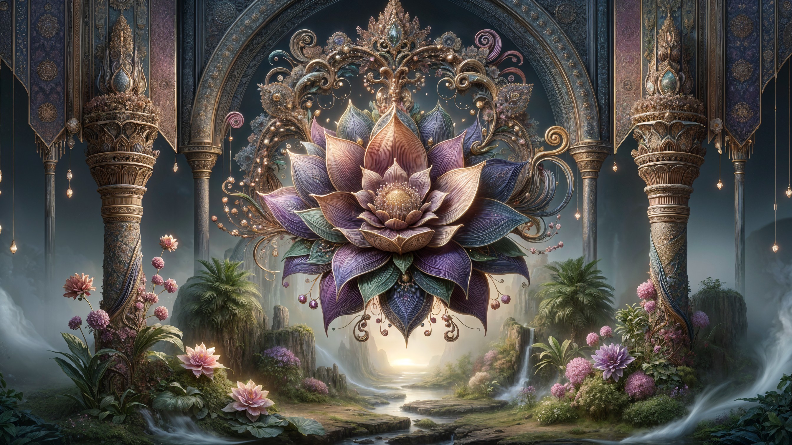 Multi-Hued Lotus Flower Surrounded by Ornate Designs
