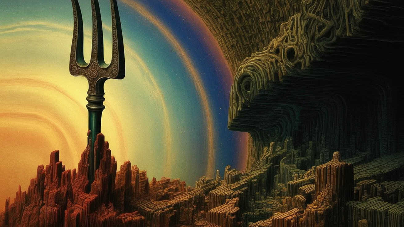 Surreal Landscape with Ornate Trident and Rock Formations