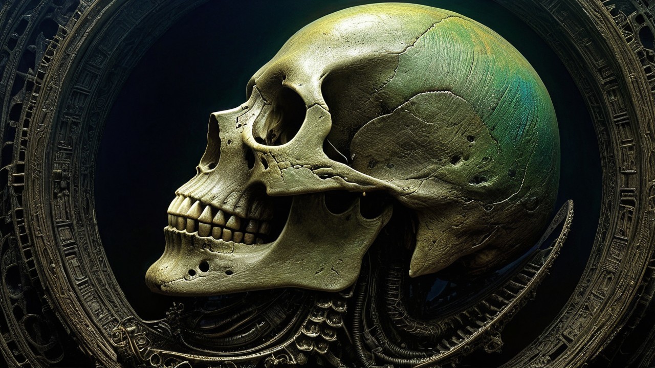 Artistic Skull Rendering with Dark Background Elements