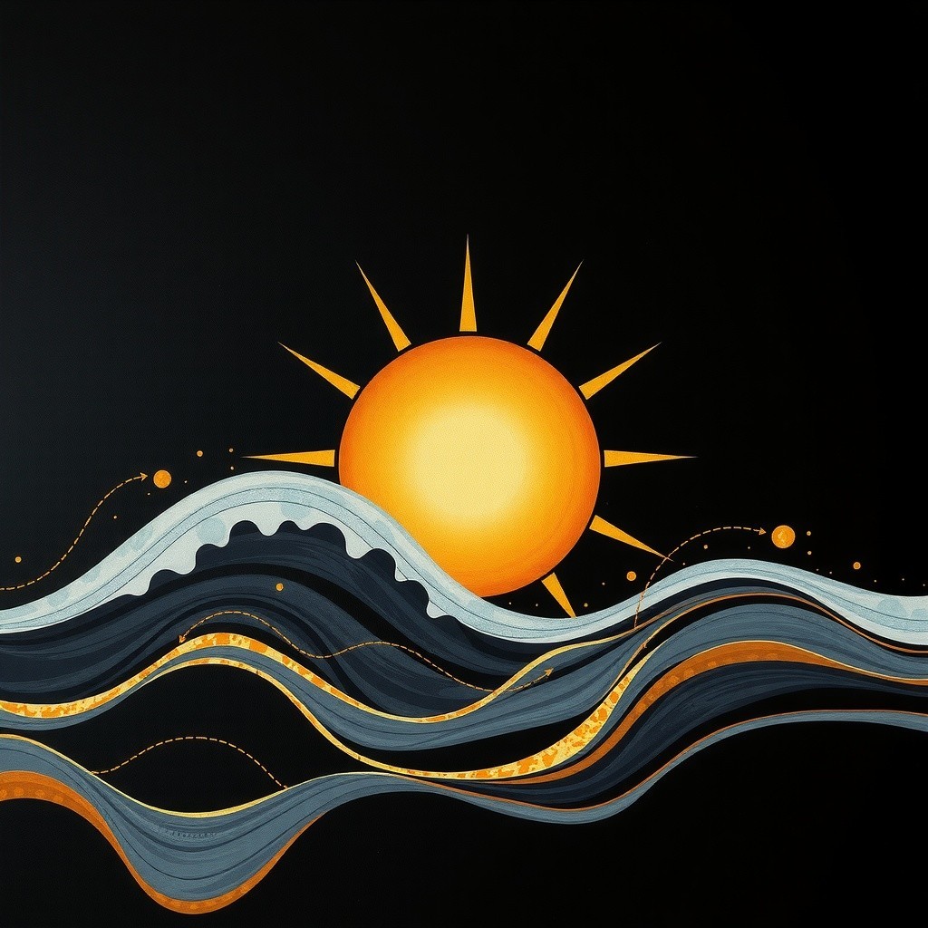 Golden Sun Rising Over Stylized Waves in Dark Background