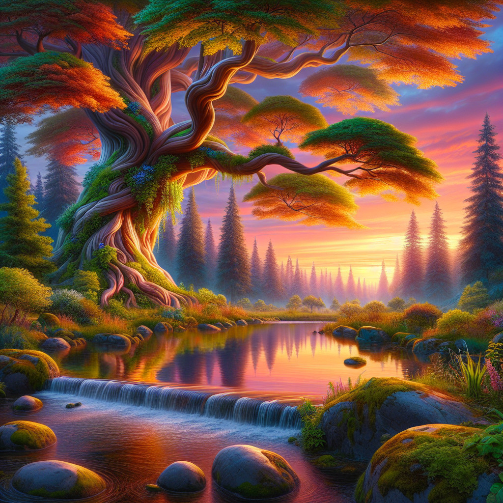 Majestic Tree by Serene River at Sunset