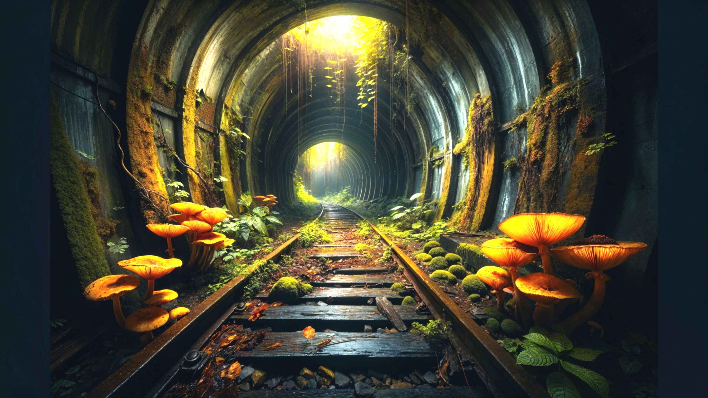 Overgrown Tunnel with Vibrant Nature and Light