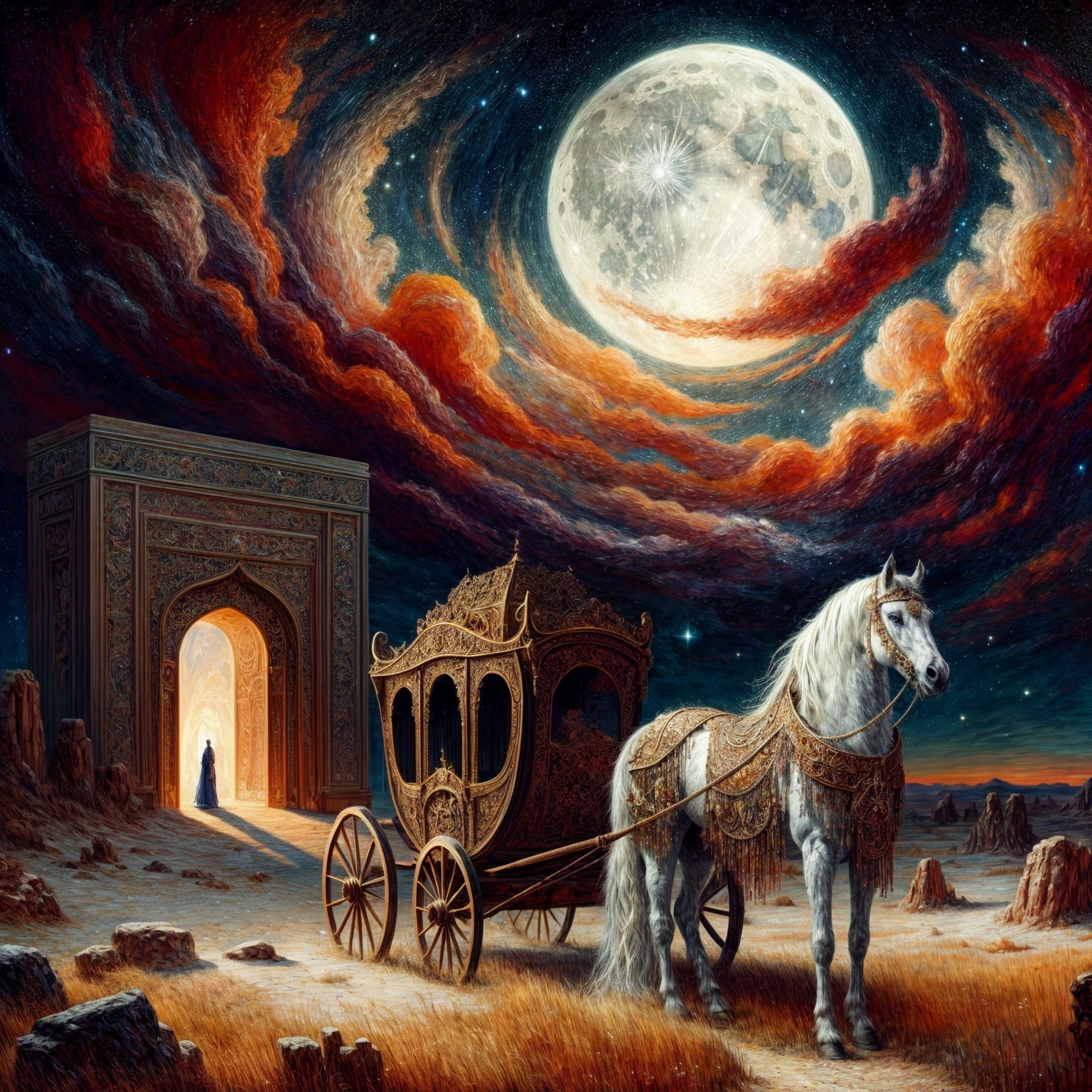 Majestic white horse and ornate carriage under vibrant sky