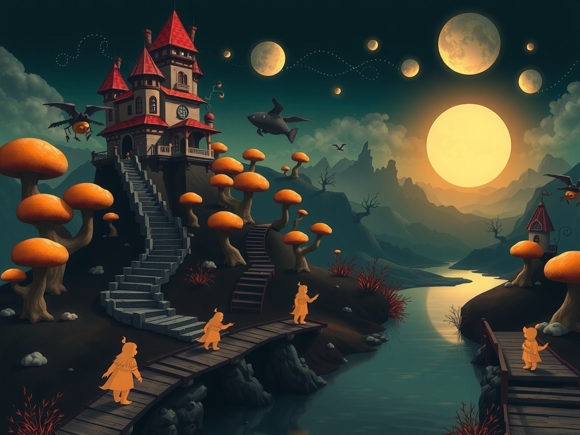 Whimsical Landscape with Castle and Enchanted Creatures