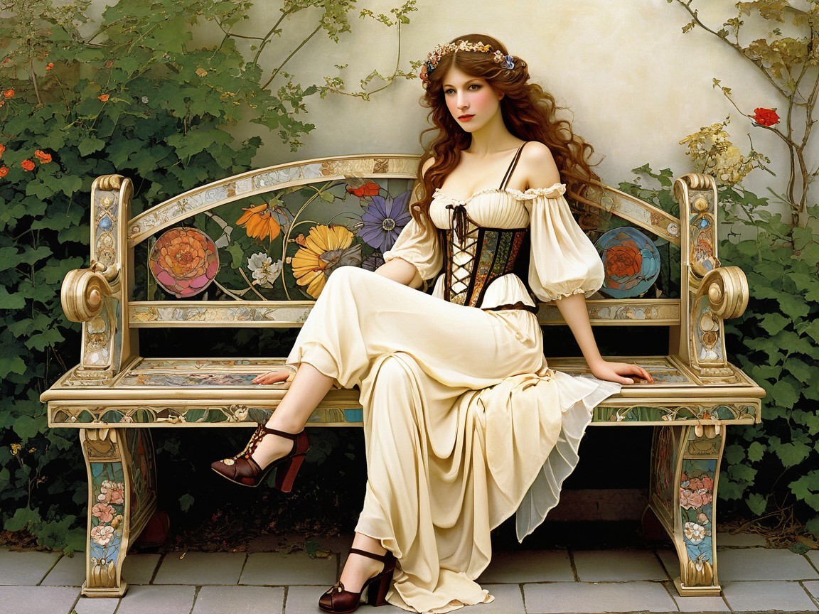Young woman in cream gown on floral bench scene