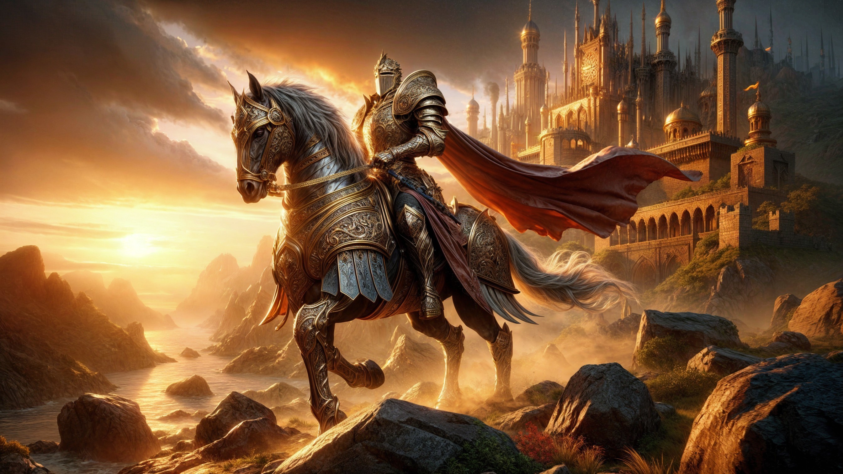Knight in Armor on Horse Against Sunset Landscape
