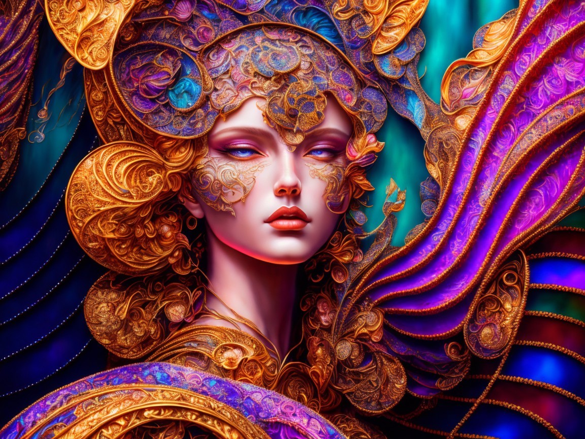 Portrait of a Woman in Golden and Purple Embellishments