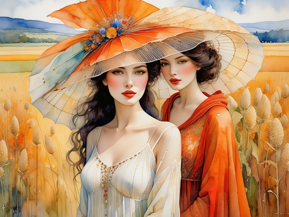 Elegant Women in a Golden Field Under Vibrant Sky