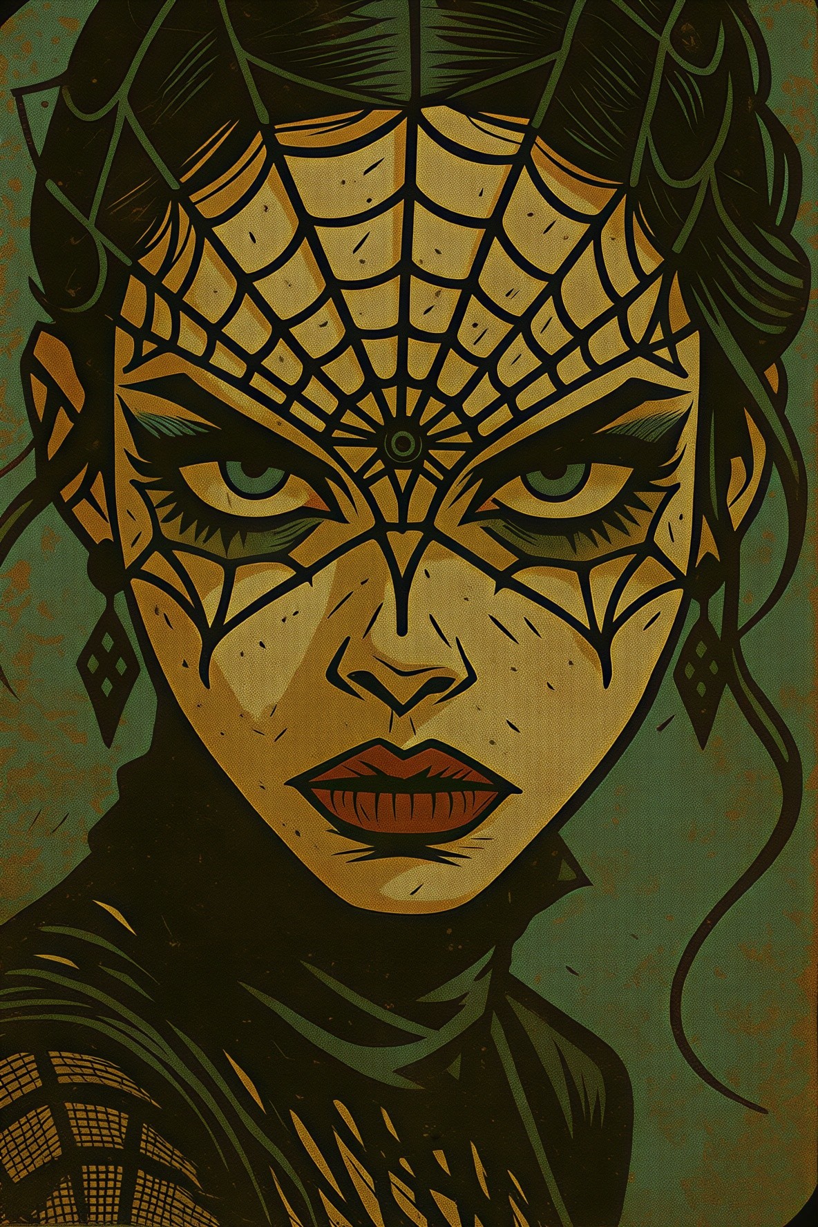 Female Figure with Spiderweb Face Design and Vintage Background