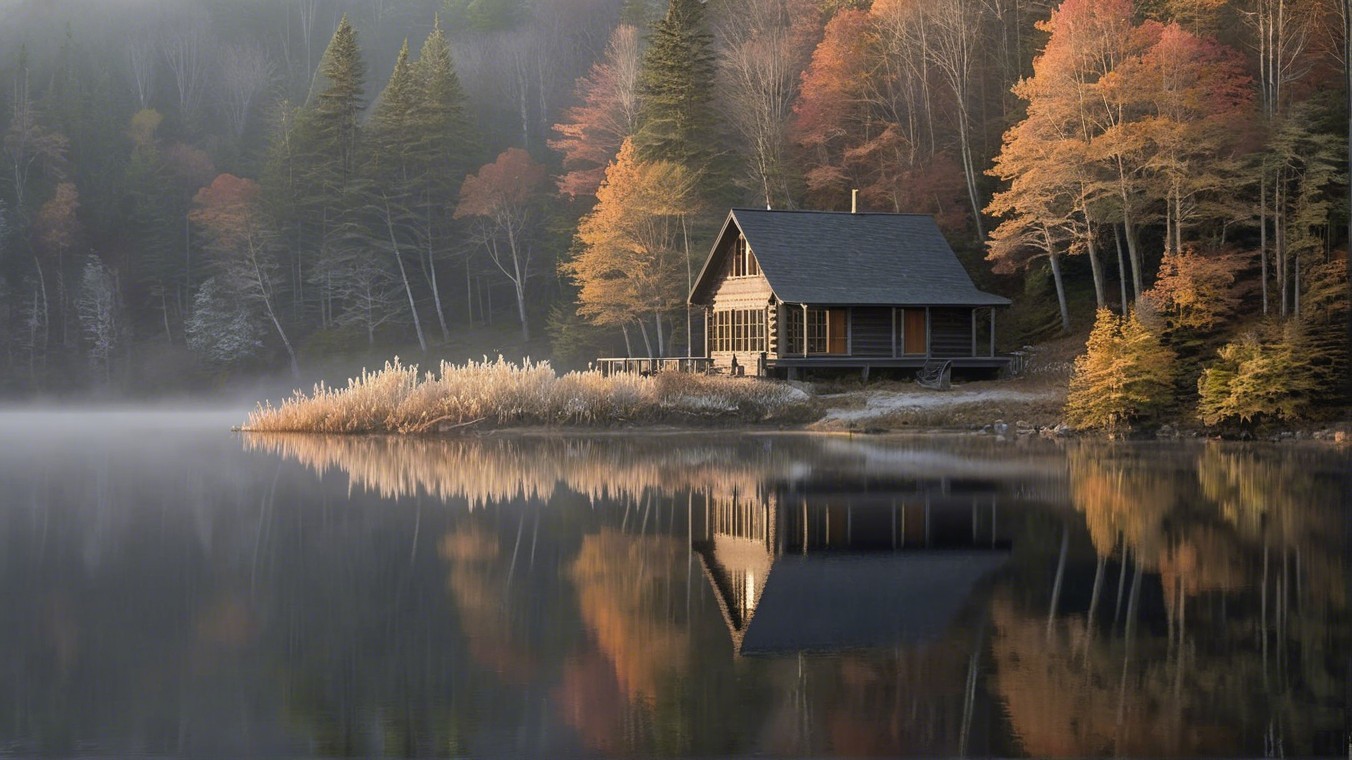 Lakeside Cabin Surrounded by Autumn Foliage and Mist