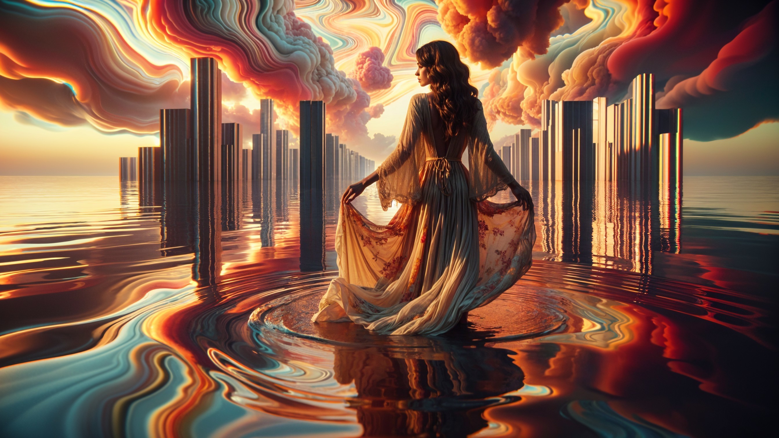 Woman in Floral Gown by Tranquil Waters with Clouds
