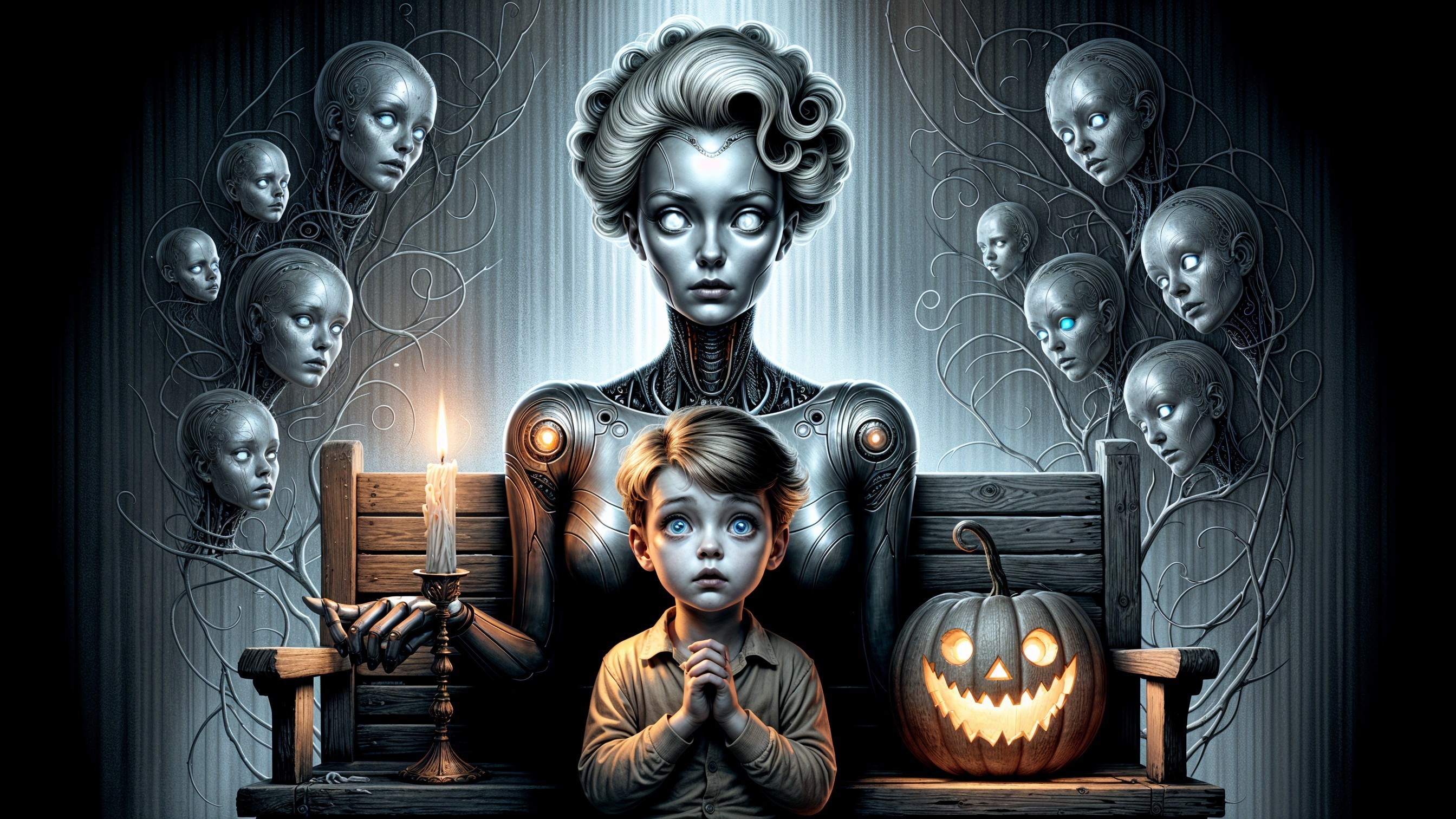 Child with Robotic Figure in Eerie Halloween Scene