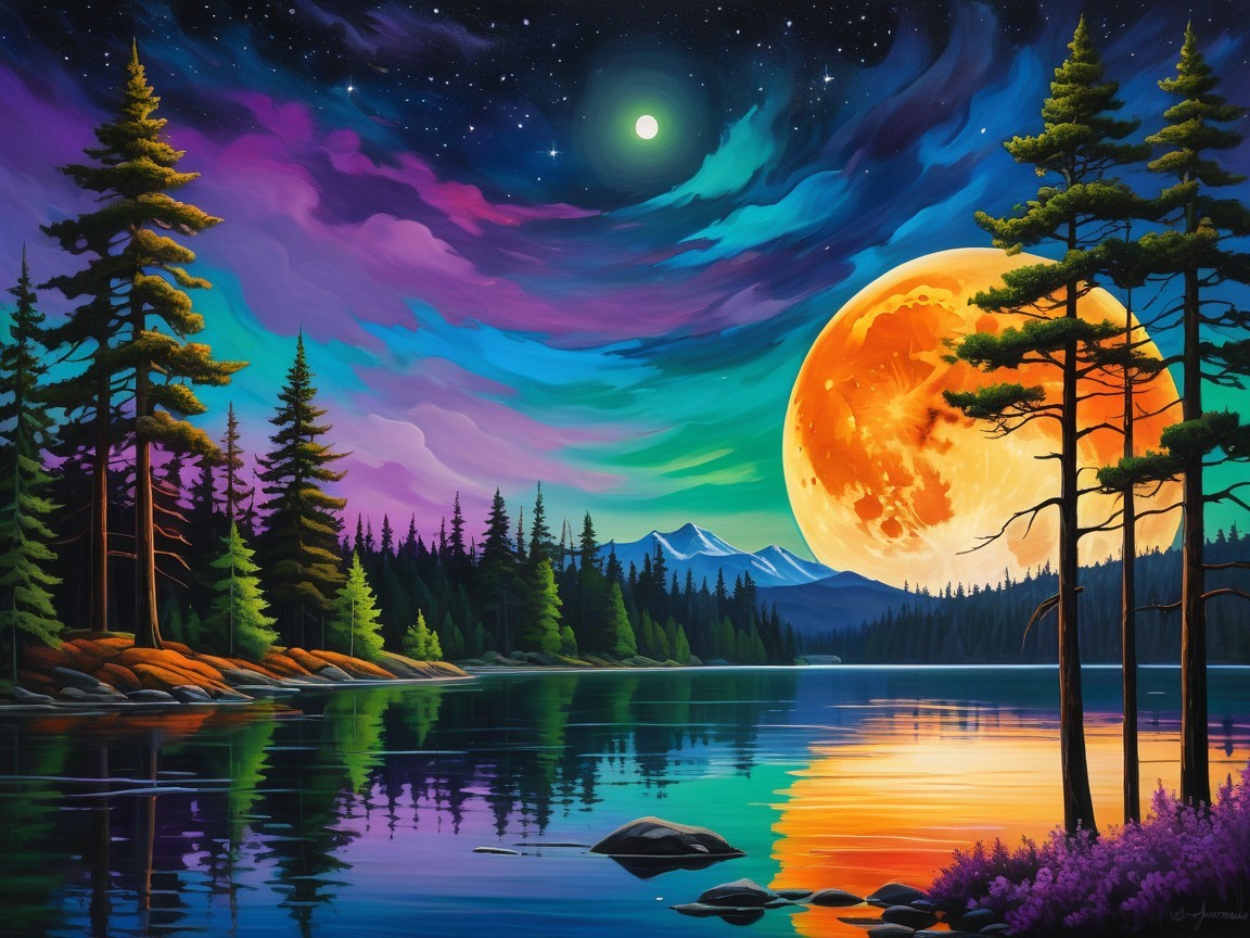 Surreal Landscape with Glowing Moon and Tranquil Lake