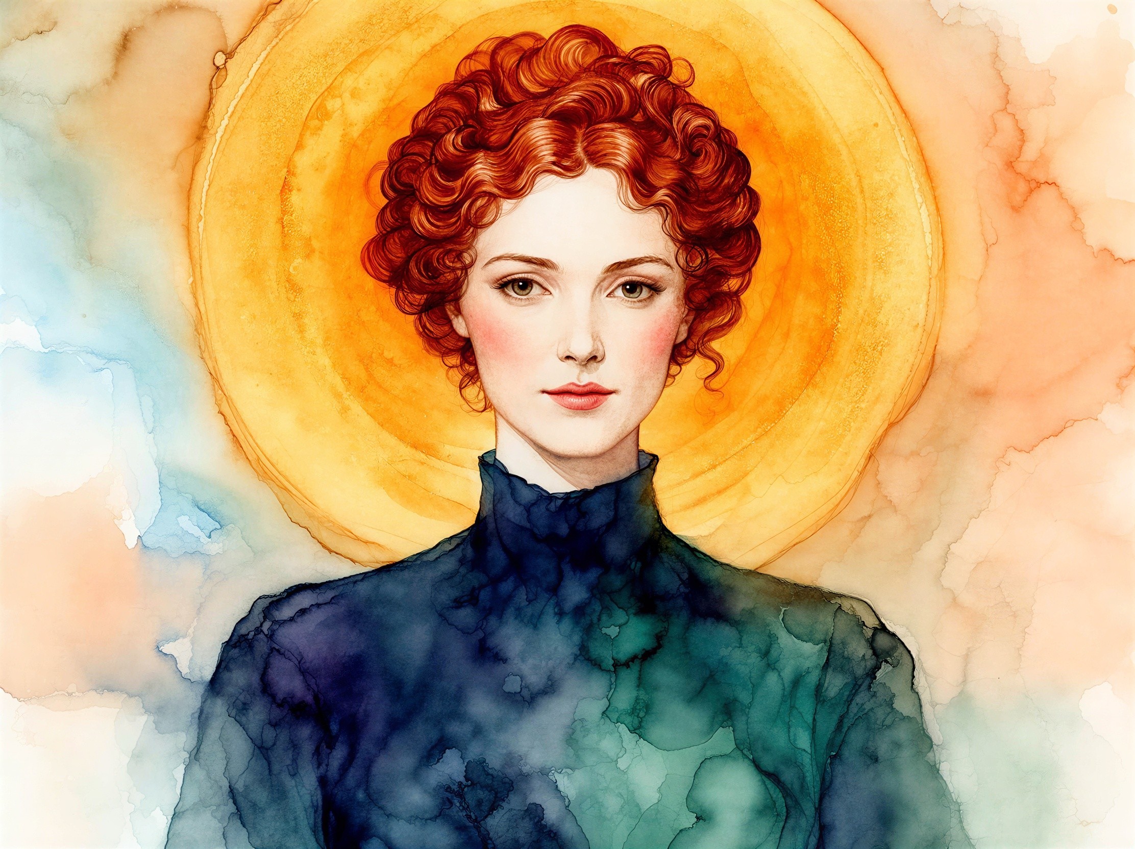 Watercolor Painting of Woman with Red Curly Hair