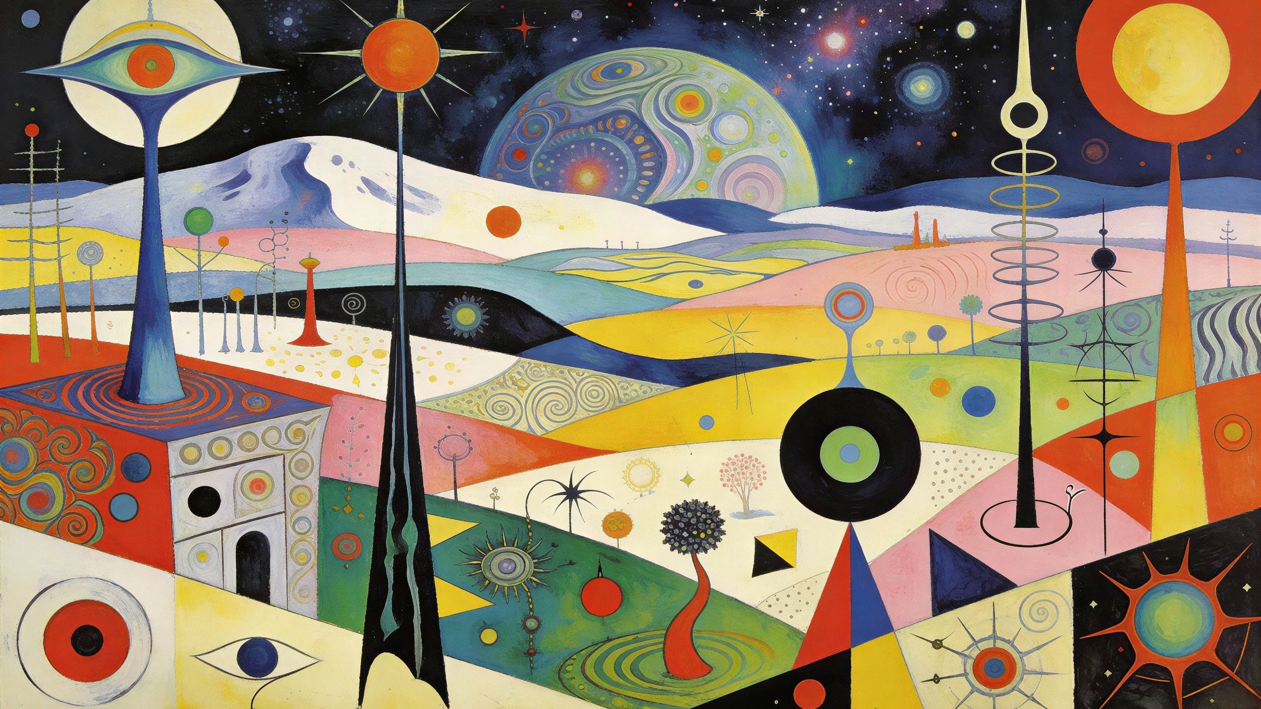 Surreal Landscape with Abstract Structures and Planets