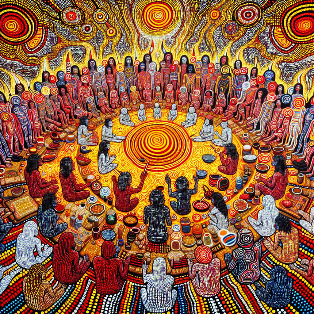 Vibrant Circular Gathering of Diverse Figures and Sun