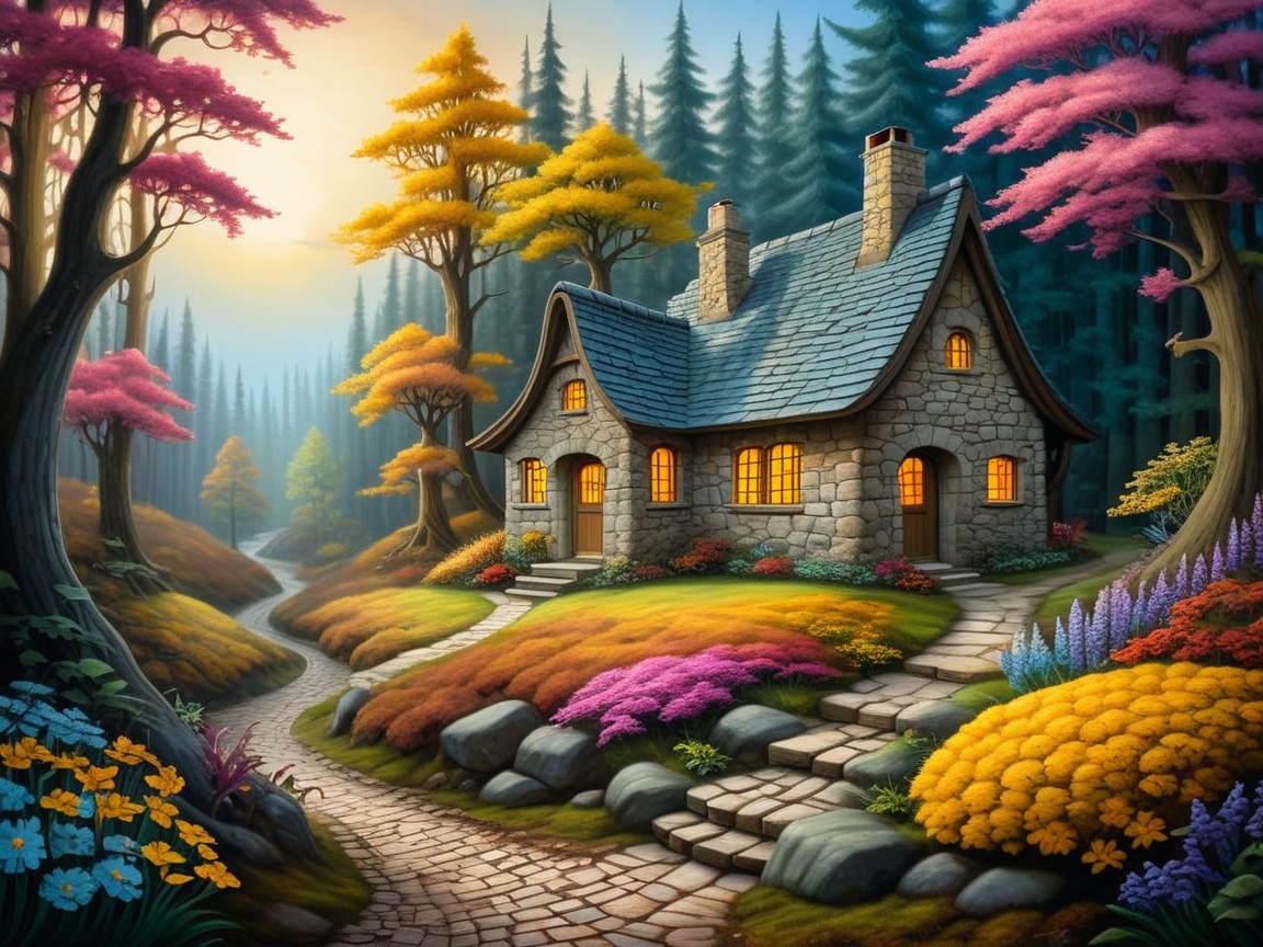 Stone cottage surrounded by vibrant autumn trees