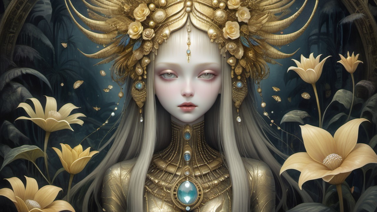 Mystical Figure with Golden Headdress and Flowers