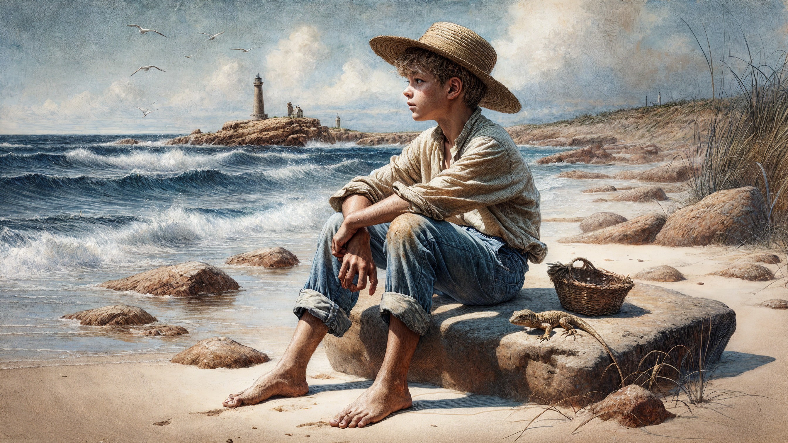 Young Boy on Rocky Beach with Lighthouse and Waves