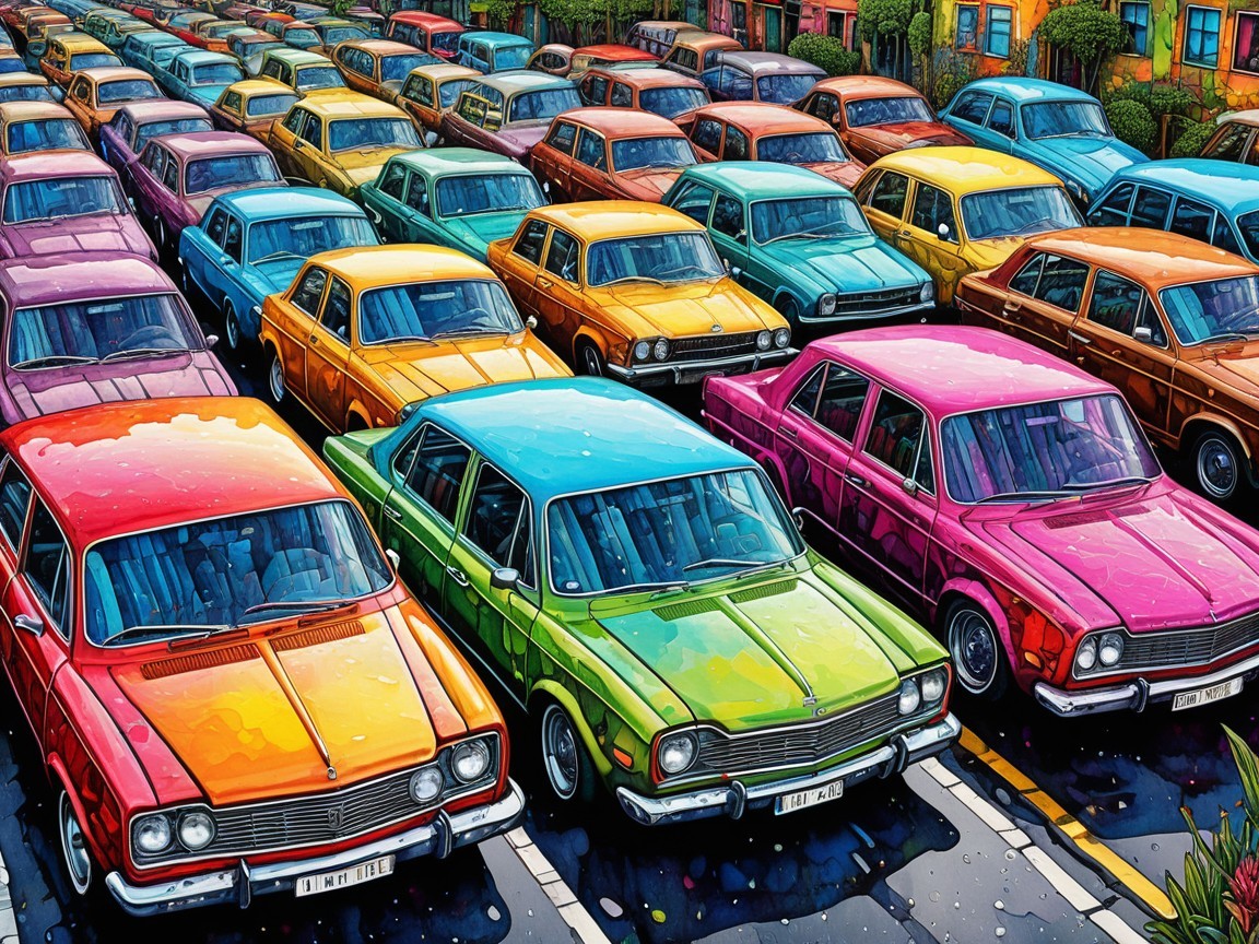 Classic Cars in Vibrant Colors Displayed in Urban Scene