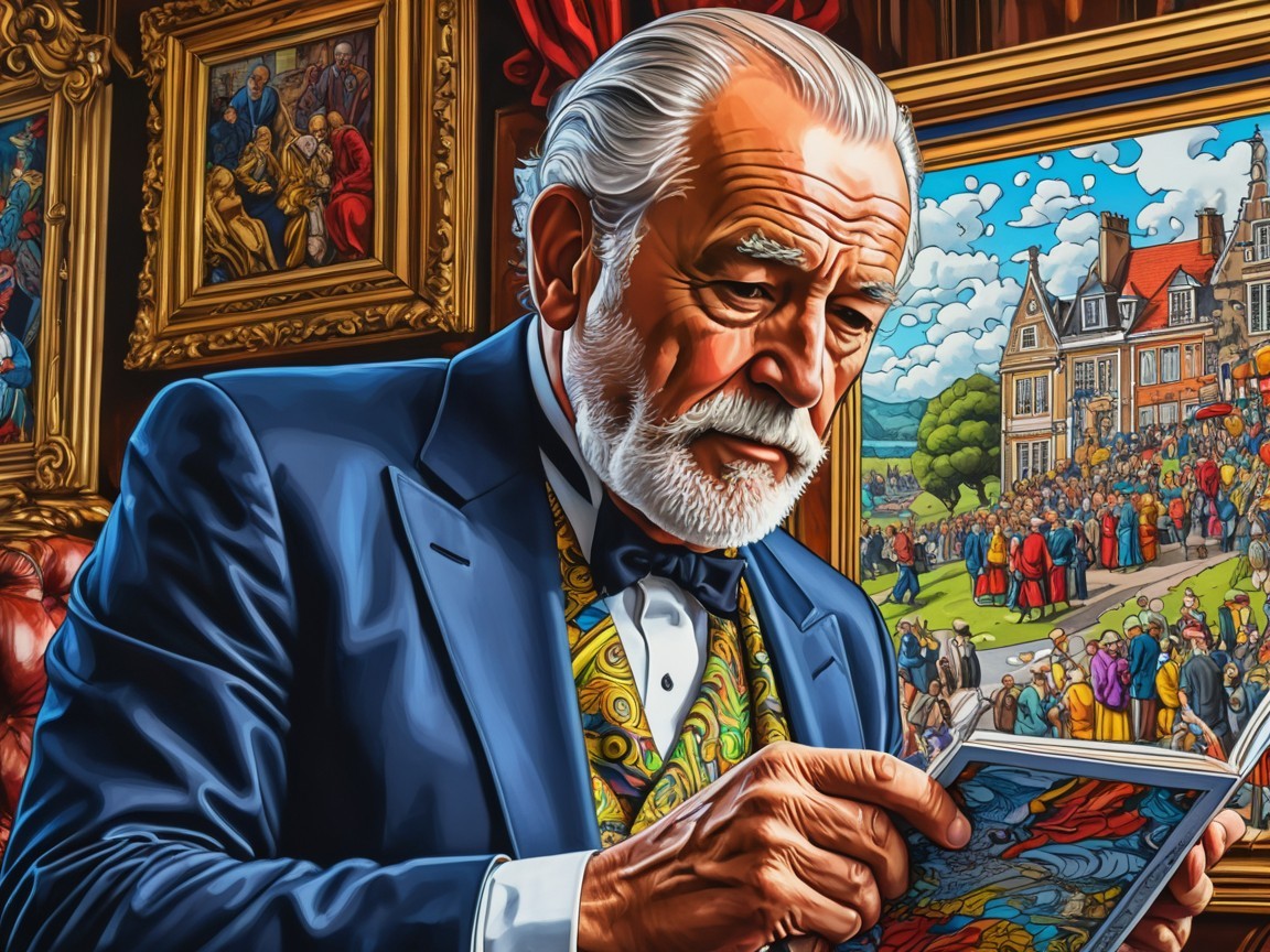 Elderly Man Examines Intricate Artwork in Luxurious Room
