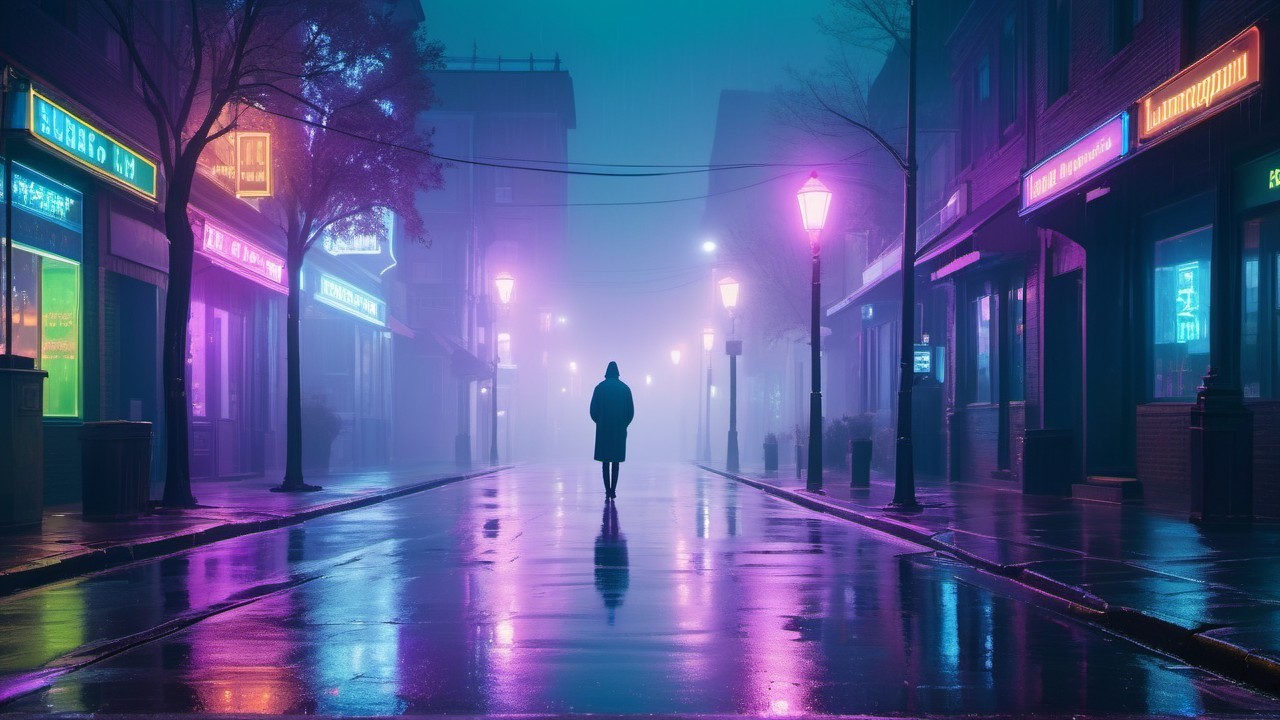 Lone Figure on Foggy Street with Neon Lights