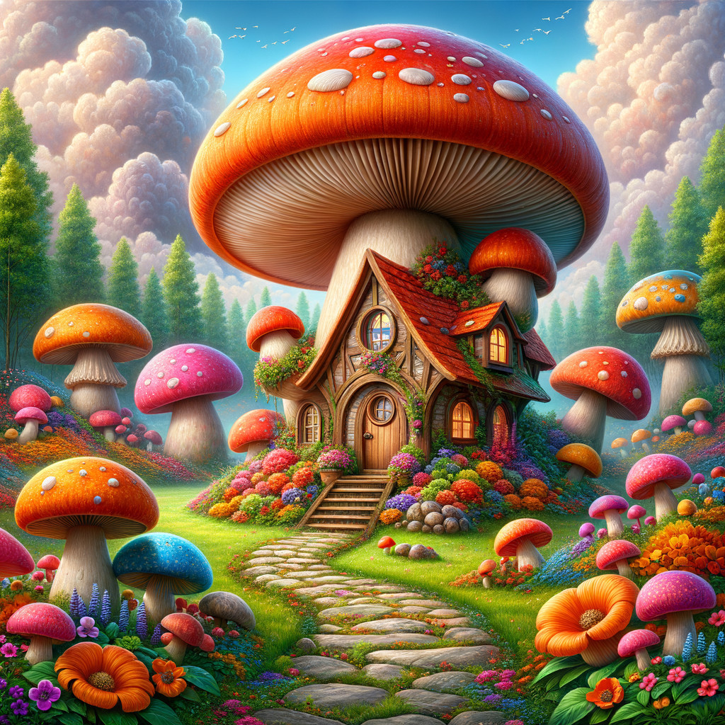 Charming Cottage Under Giant Orange Mushroom Scene