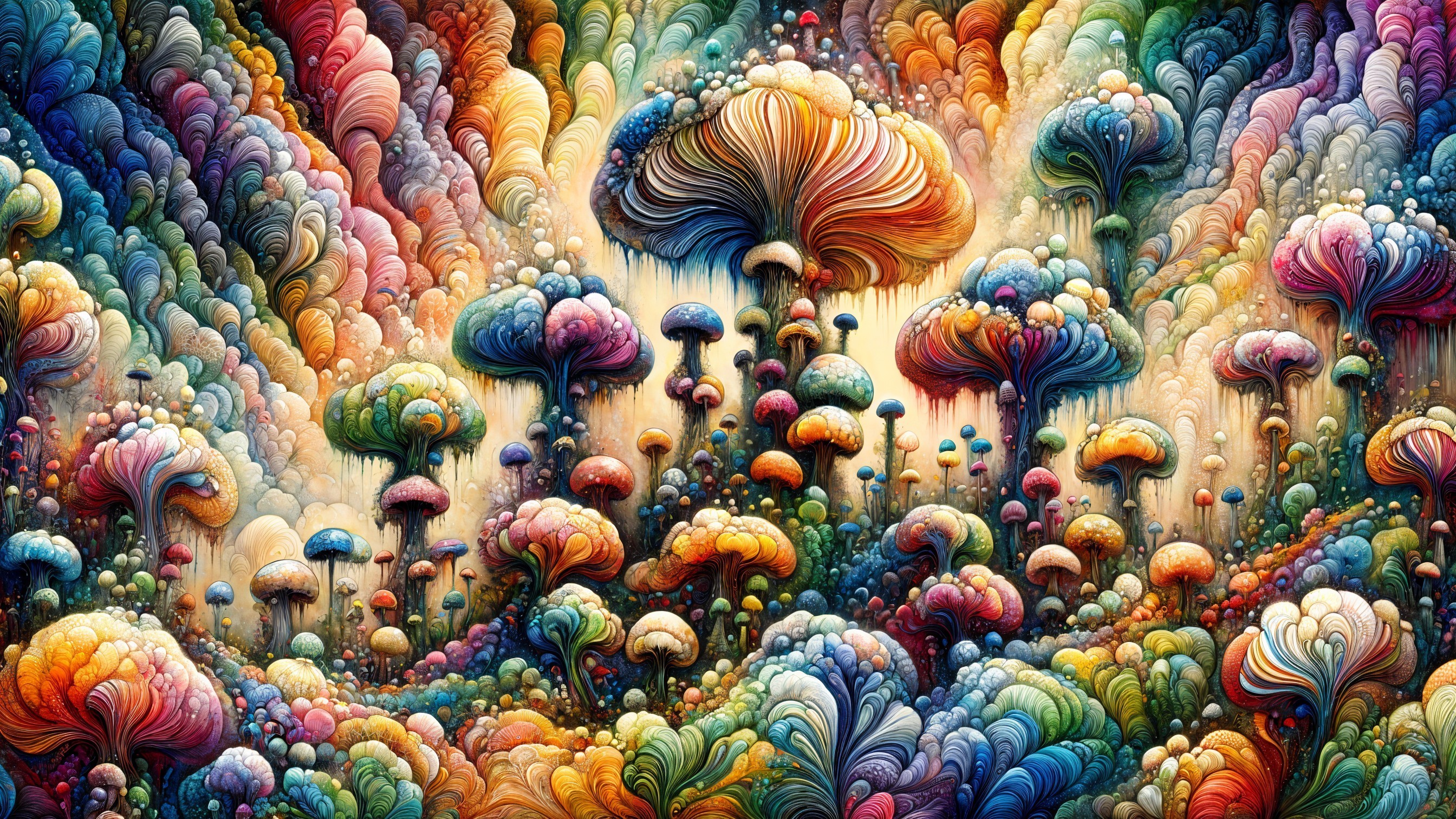 Vibrant Dreamlike Landscape with Colorful Mushrooms