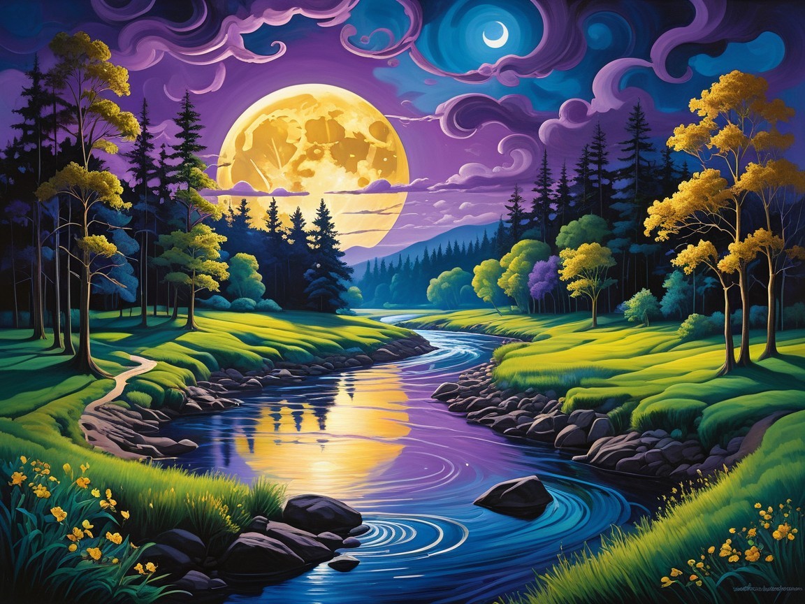 Vibrant Landscape with Full Moon and Serene River