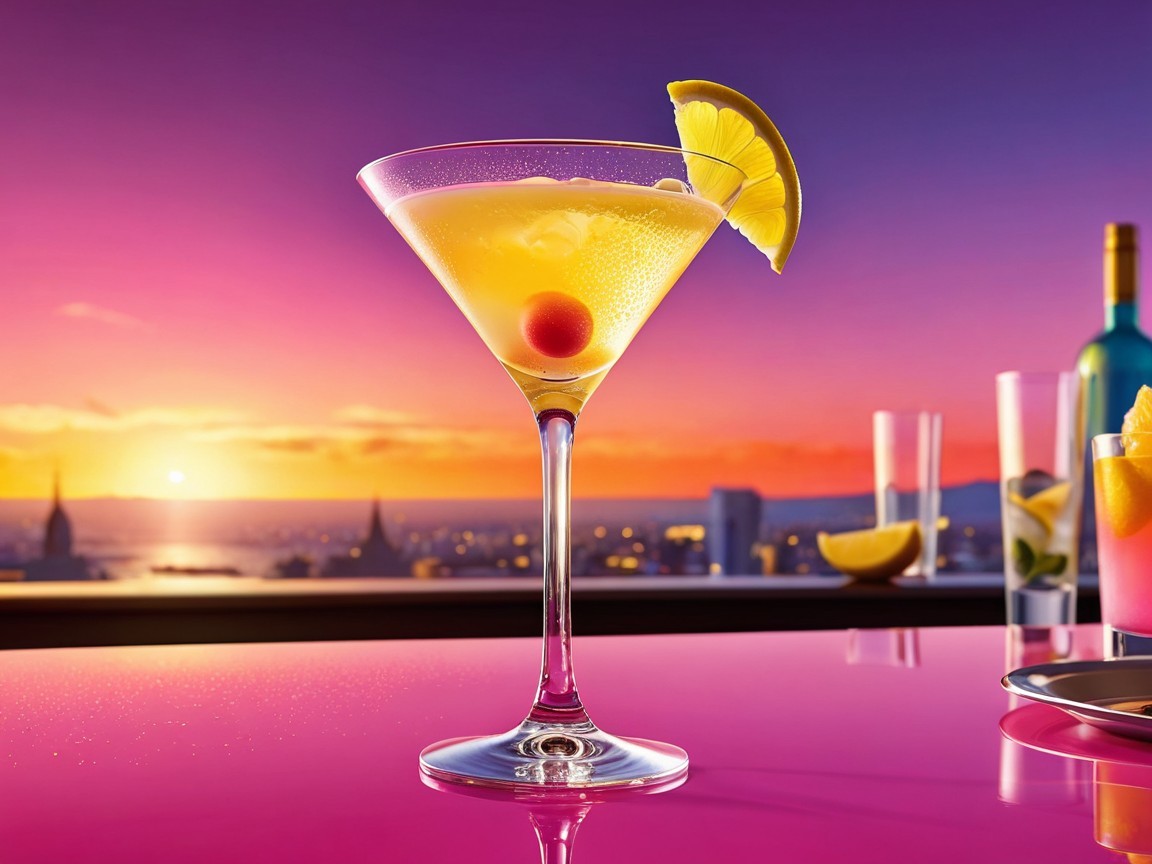 Cocktail Glass with Yellow Drink and Sunset Backdrop