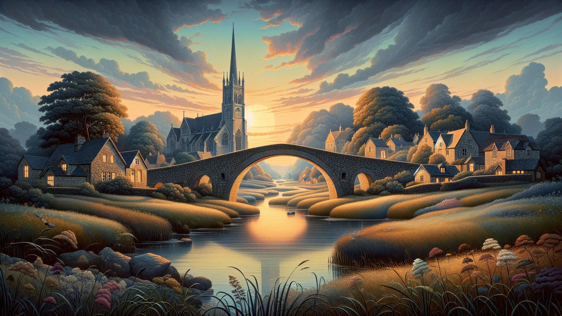 Countryside Village Sunset with Church and Bridge