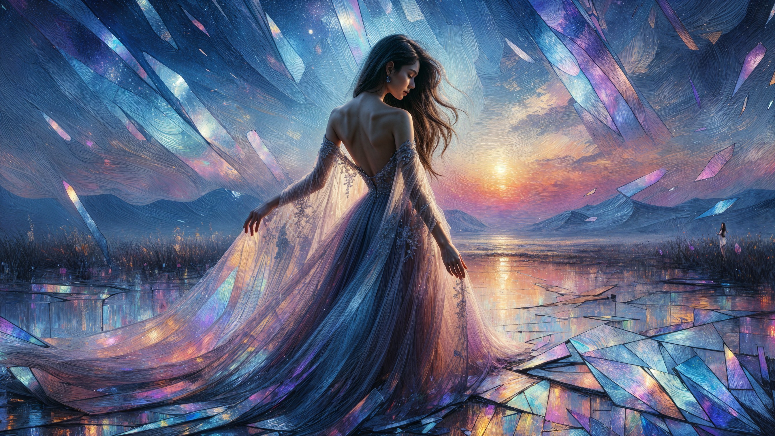 Ethereal Figure by Shimmering Lake at Sunset