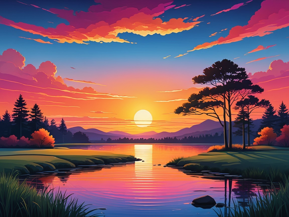 Vibrant Sunset Over Tranquil Waters and Mountains