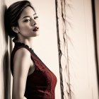 Sophisticated Woman in Red Gown Against Adorned Wall