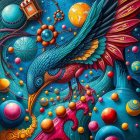 Surreal Scene of a Bird Among Colorful Planets